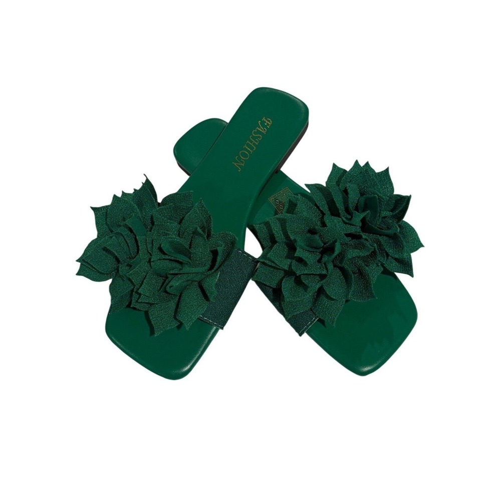 Fashion Emerald Green 3D Floral Square Toe Flat Slide Sandals Womens Size 36